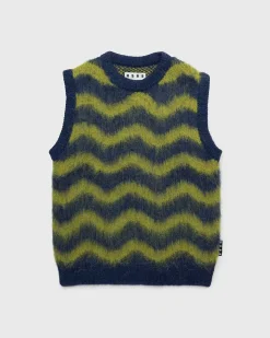 Alpaca Fuzzy Wave Sweater Vest Navy/Olive Gron