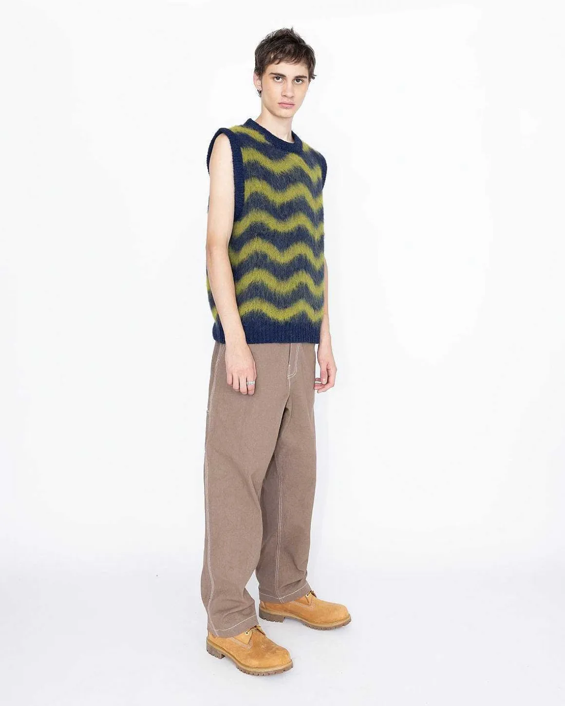 Alpaca Fuzzy Wave Sweater Vest Navy/Olive Gron