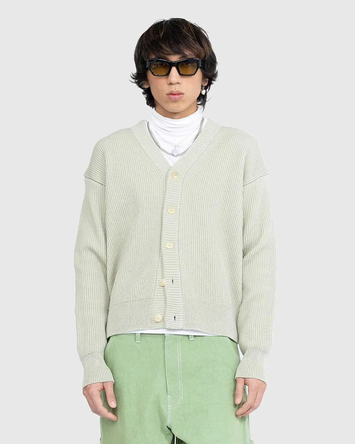 Fransk Merino Rib Strik Cardigan Light Khaki