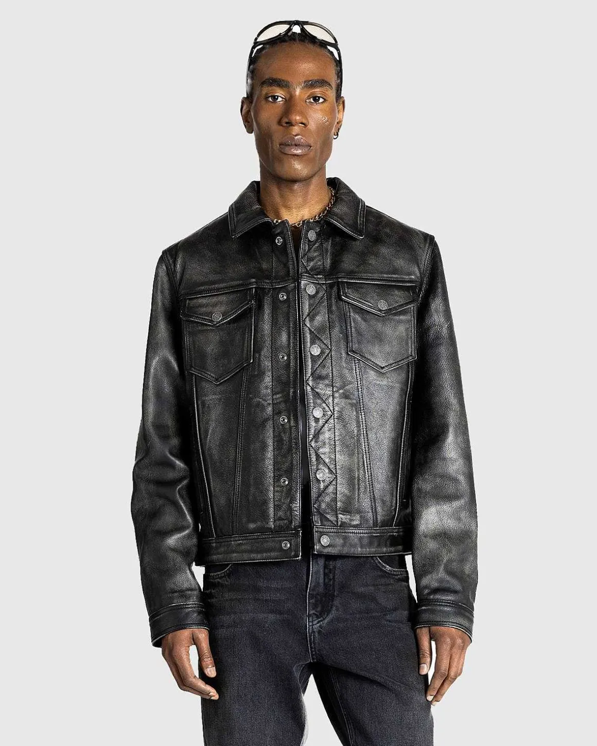 Gusa Distressed Leather Trucker Jet Black Multi
