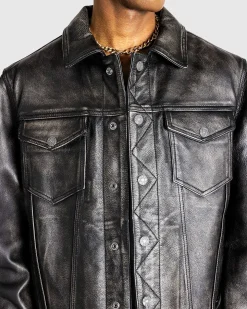 Gusa Distressed Leather Trucker Jet Black Multi