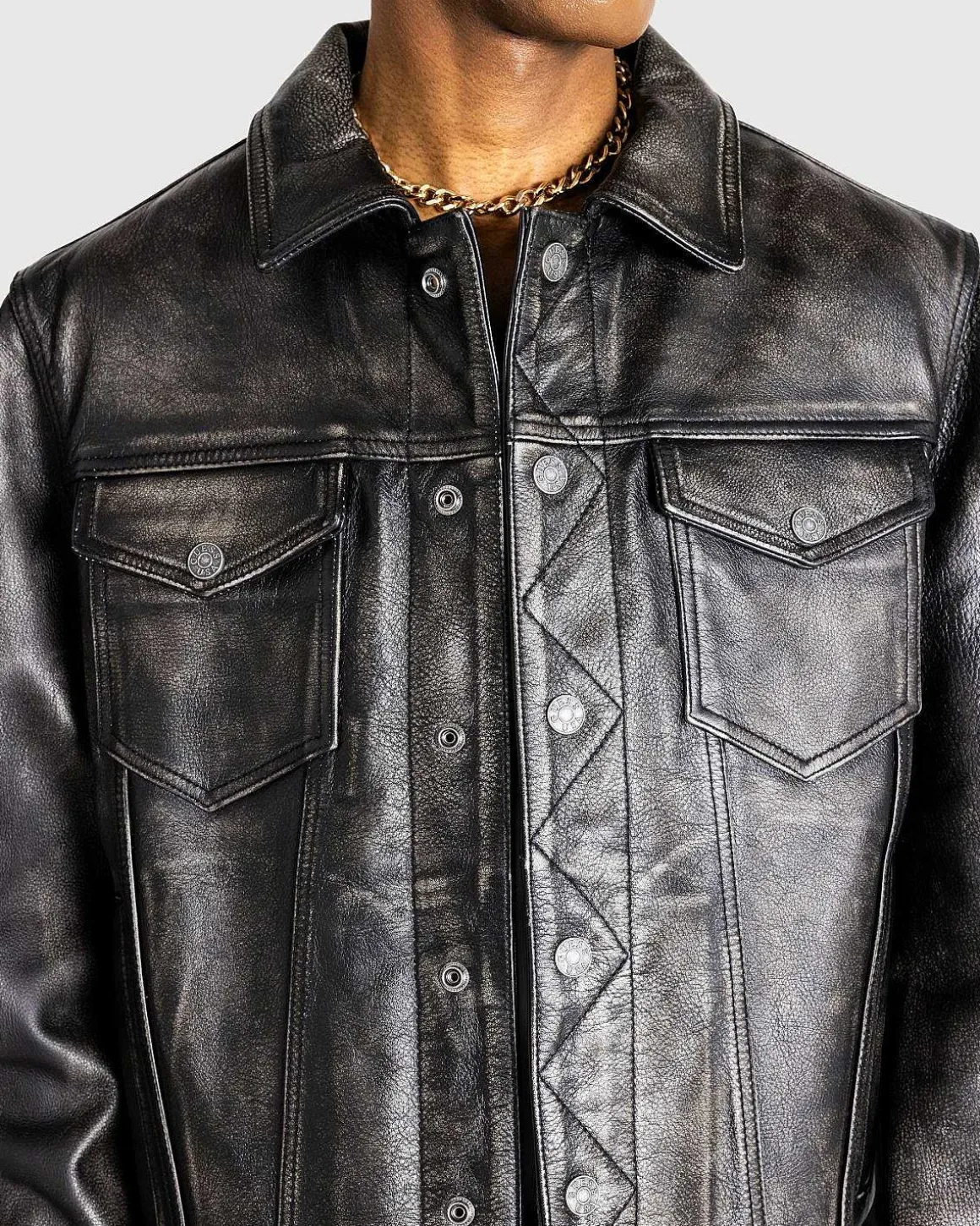 Gusa Distressed Leather Trucker Jet Black Multi