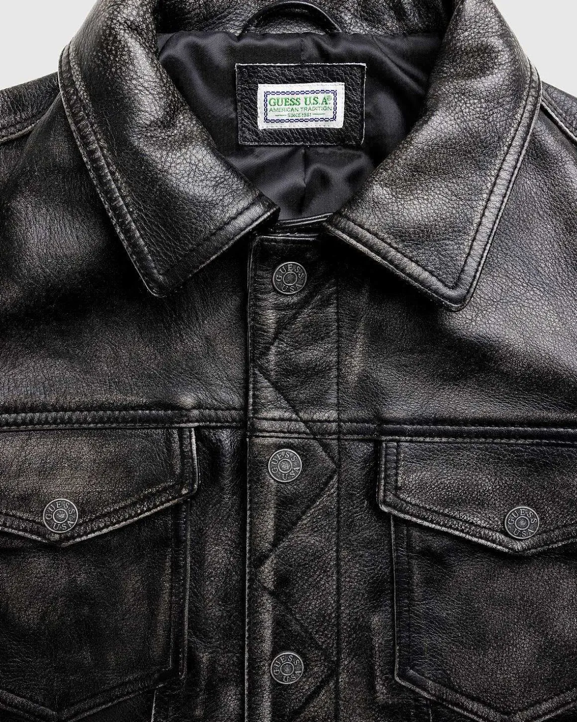 Gusa Distressed Leather Trucker Jet Black Multi