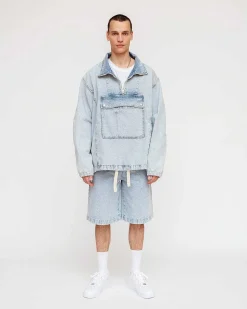Half-Zip Denim Anorak Washed Light Blue