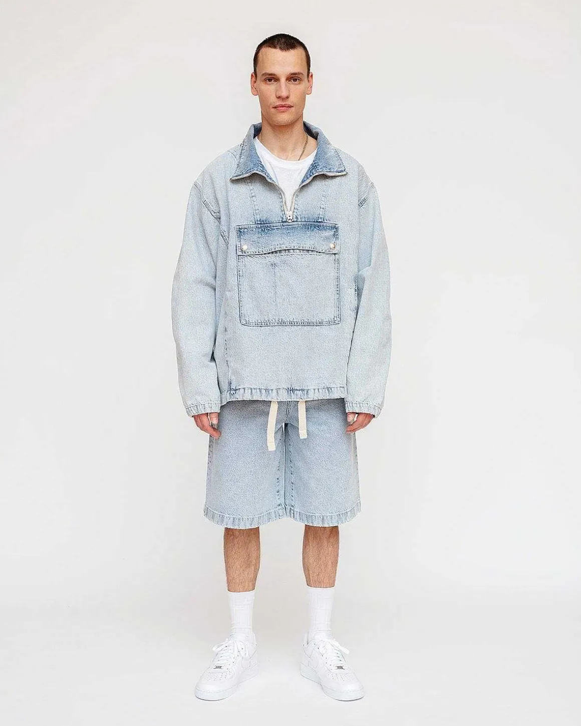 Half-Zip Denim Anorak Washed Light Blue