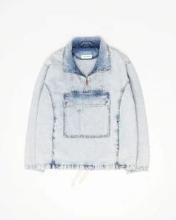 Half-Zip Denim Anorak Washed Light Blue