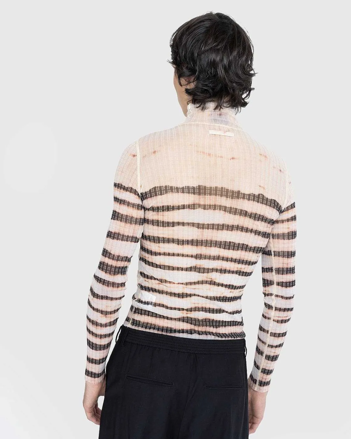 Hojhalset Langaermet Printet Stribet Top Ecru/Brun