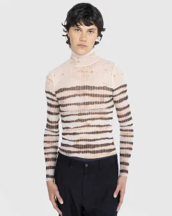 Hojhalset Langaermet Printet Stribet Top Ecru/Brun