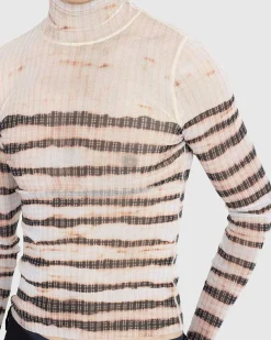 Hojhalset Langaermet Printet Stribet Top Ecru/Brun