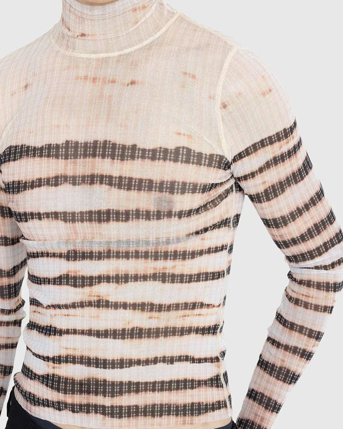 Hojhalset Langaermet Printet Stribet Top Ecru/Brun