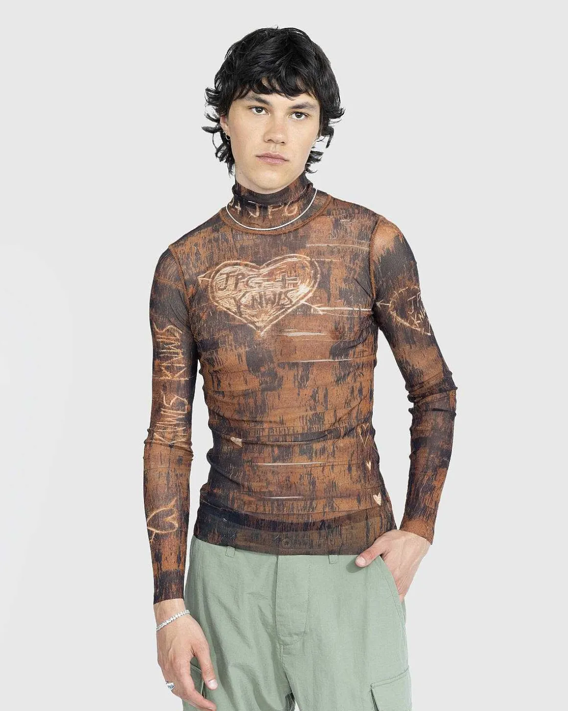 Hojhalset Langaermet Printet Traetop Brun/Ecru