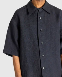 Linned Silke Tweed Halvaermet Skjorte Mork Navy