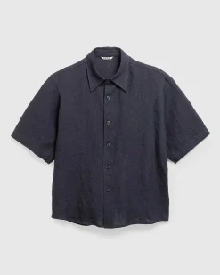 Linned Silke Tweed Halvaermet Skjorte Mork Navy