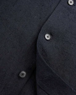 Linned Silke Tweed Halvaermet Skjorte Mork Navy
