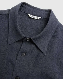 Linned Silke Tweed Halvaermet Skjorte Mork Navy