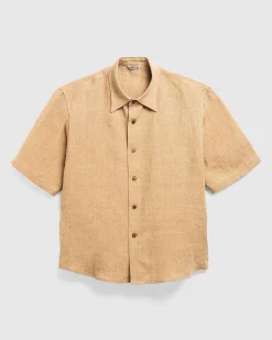 Linned Silke Tweed Halvaermet Skjorte Brun
