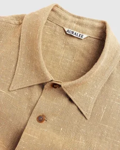 Linned Silke Tweed Halvaermet Skjorte Brun