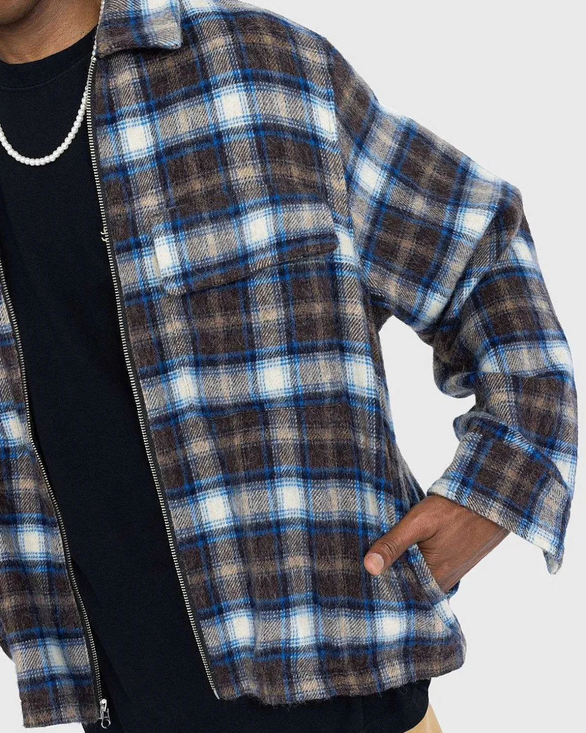 Neu York Shaggy Wool Plaid Zip Shirt Brun