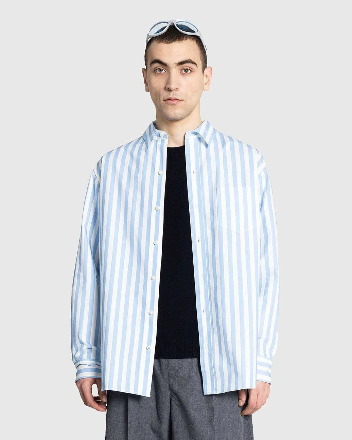Pablo Overdreven Uforet Okologisk Bomuld Poplin Skjorte Lysebla Stripe