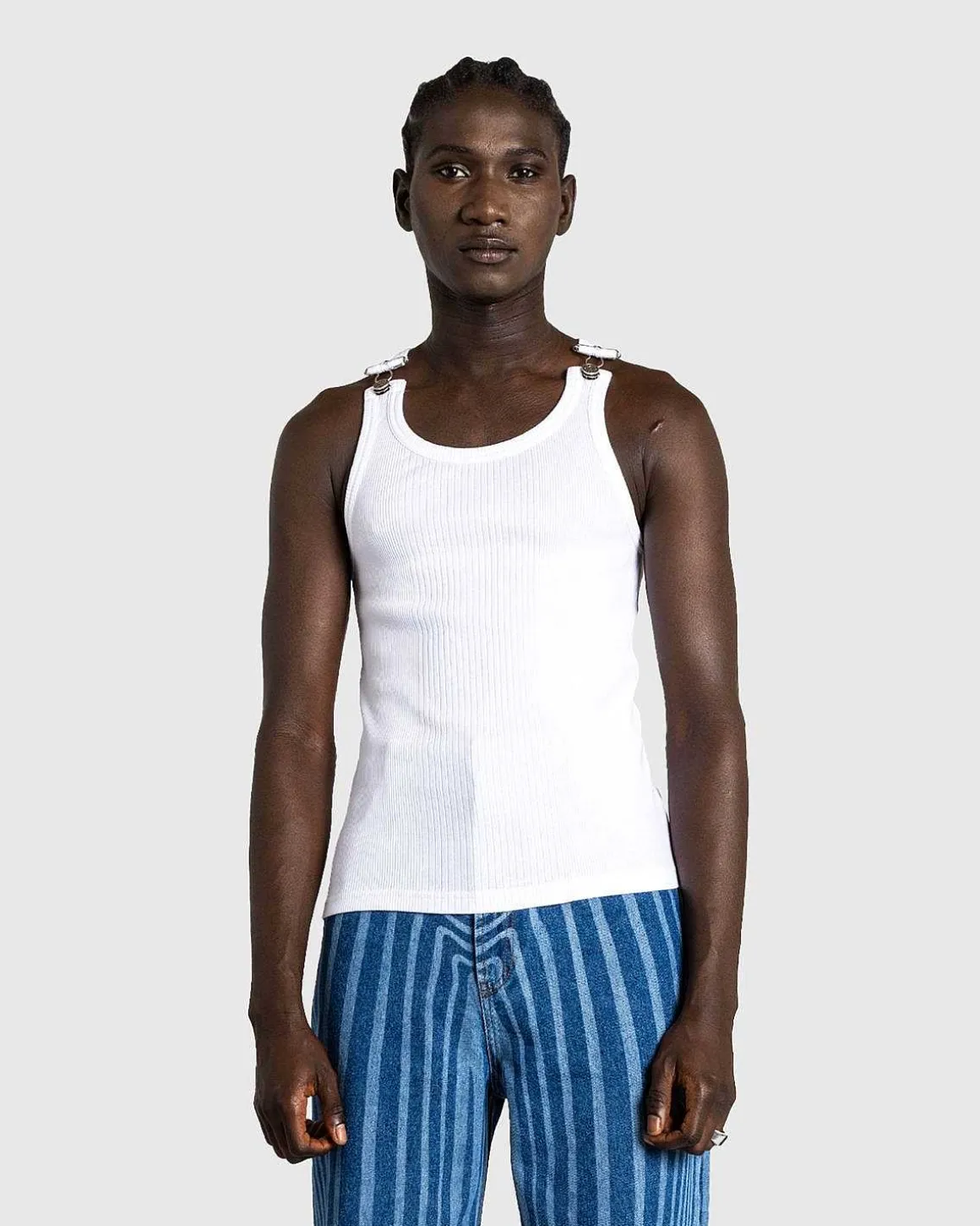 Ribbet Tank Top Med Overall Spaender Hvid