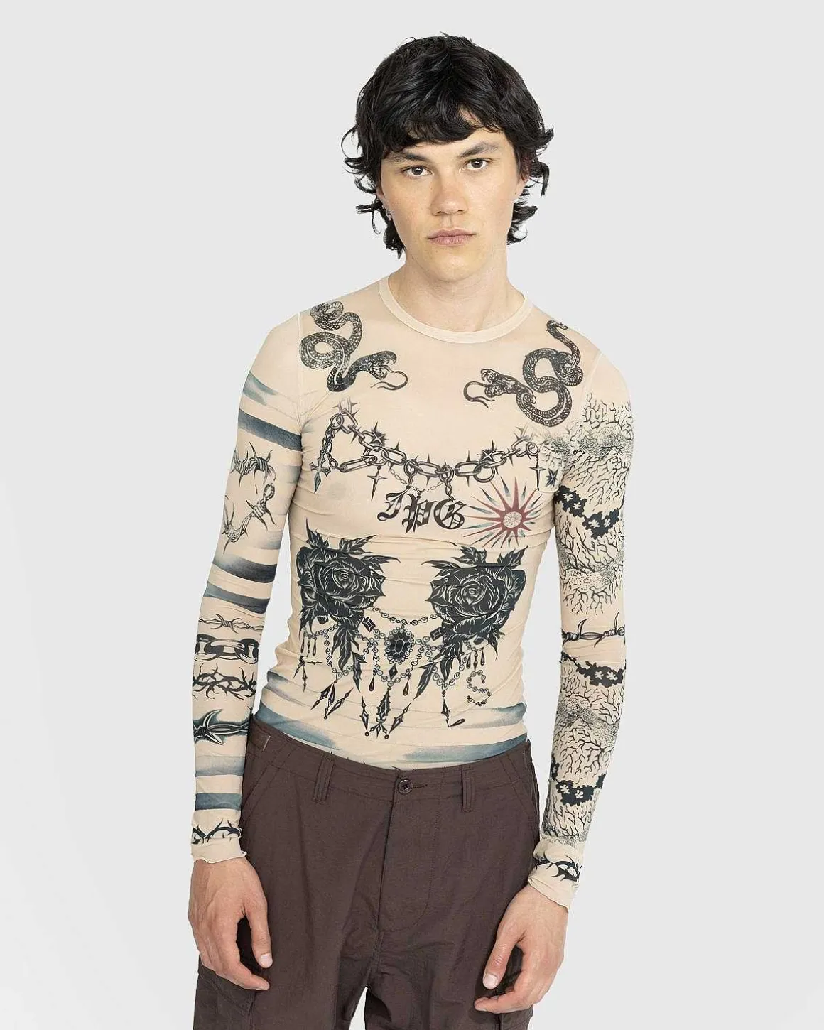 Trompe L'Oeil Tattoo Langaermet Top Nude/Gra/Sort